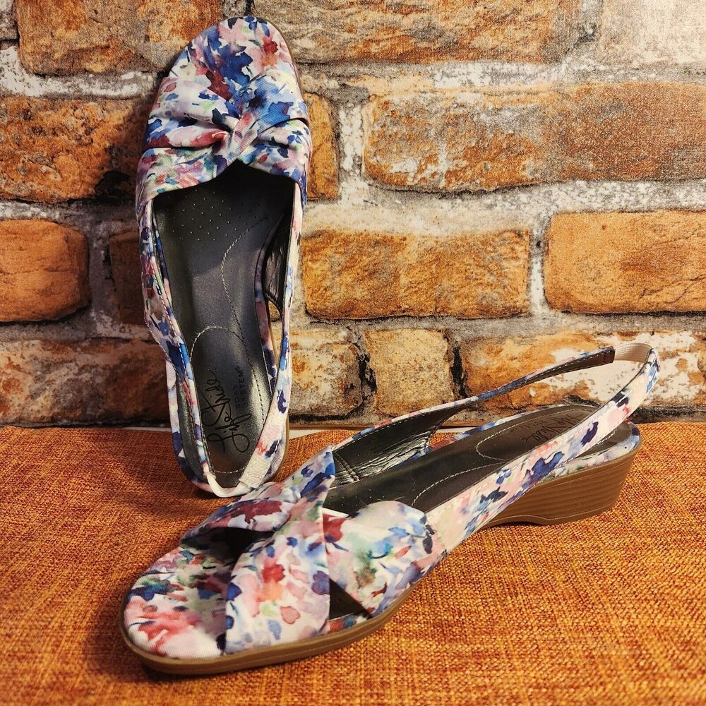 Life Stride Floral Women's Slingback Wedge Sandals Size 8 Mimosa